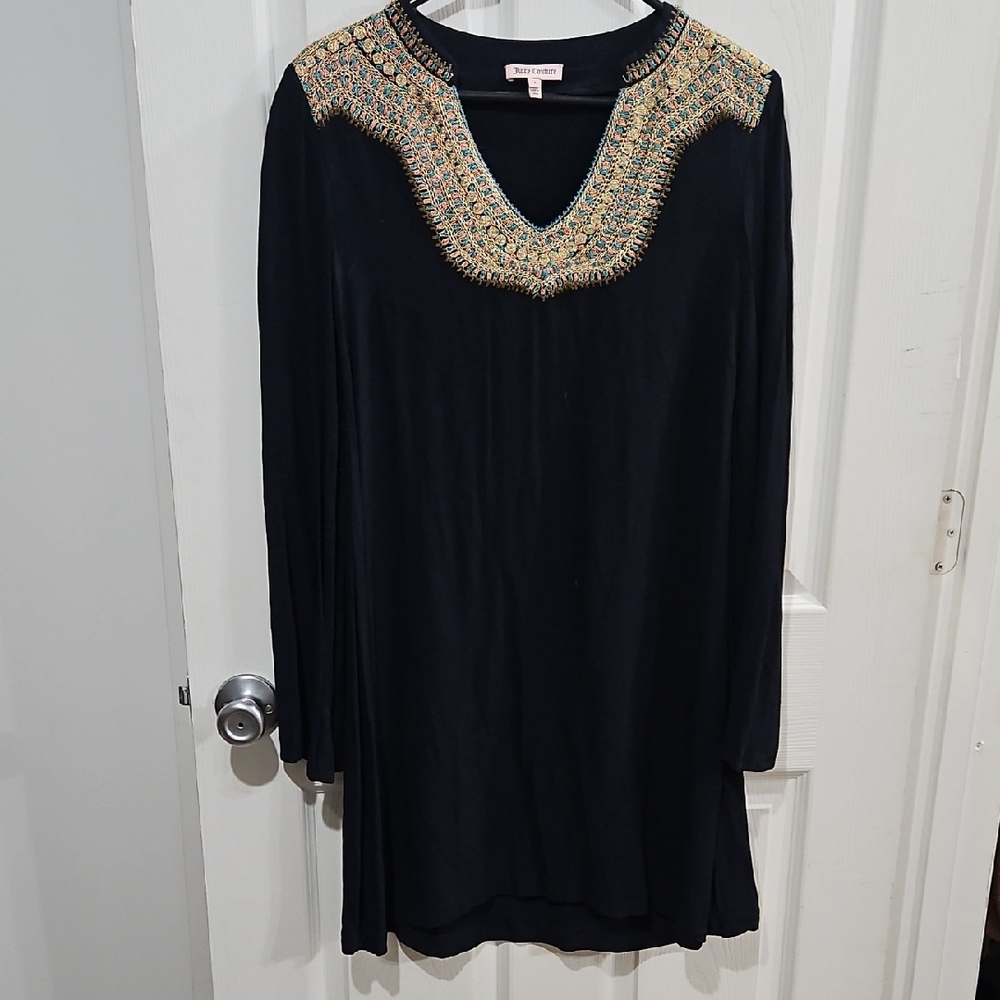Juicy‎ Couture Embellished Boho Tunic Mini Dress Black Gold Beaded Size 4